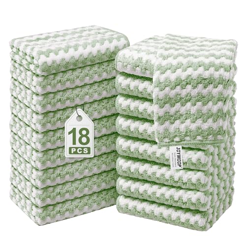 Image of JOYMOOP Microfiber Cleaning Cloths - 18 Pack, 10 inch x 10 inch, Green - Reusable, Lint-Free, Super Absorbent Towels for Kitchen, Car, and Household Cleaning