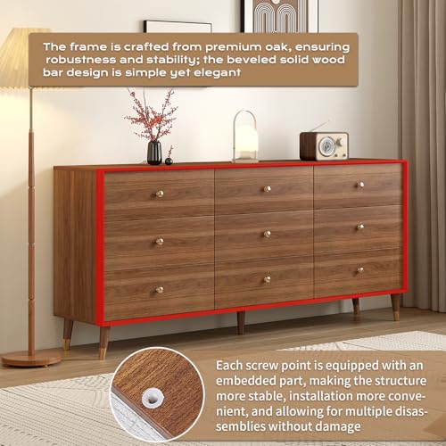 Image of Messenya 9 Drawer Dresser for Bedroom, 63 Inch Walnut Dresser for Closet, Mid Century Wood Chest of Drawers with Natural Texture & Pre-Embedded Slots for TV Stand, Living Room, Hallway, Office
