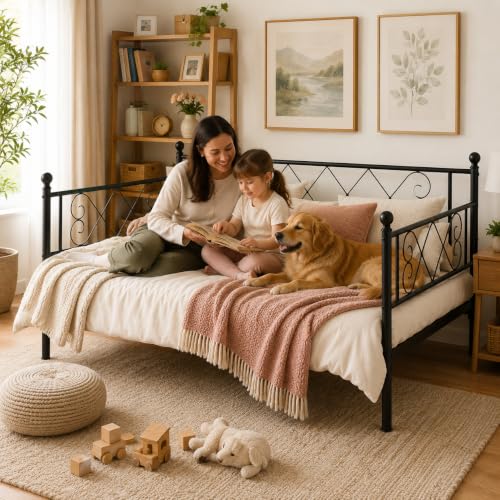 Image of Garvee Daybed with Pull Out Trundle, Metal Sofa Bed Frame with Heart Headboard, Steel Slat Support, No Box Spring Needed, Guest Bed for Bedroom, Living Room