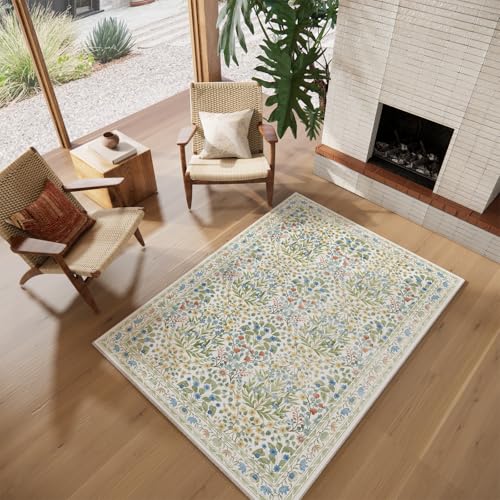 Image of 4x6 Feet Area Rug for Living Room Bedroom, Washable Non-Slip Large Rug, Ultra Soft Stain Resistant, Beige Green Distressed Floral Design