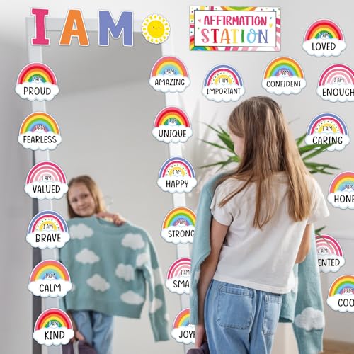 Frienda Rainbow Affirmation Station Bulletin Board Set Motivational Posters Classroom Mirror Growth Mindset Decor Positive Affirmations Accents Cutouts for School Office Home Teacher Wall Supply