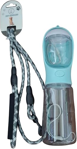 Portable Dog Water Bottle with Food Compartment, 550ml,Light Blue, 2-in-1 Pet Travel Bottle with Leash and Lanyard