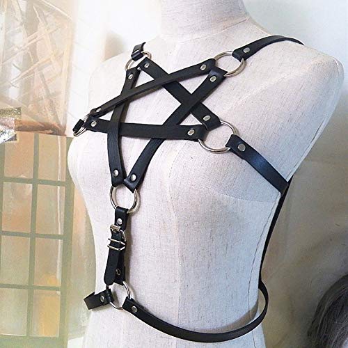 Women's Punk Waist Belt Body Chain Gothic Black Leather Chest Harness Adjustable with Buckles and O-Rings Costume3