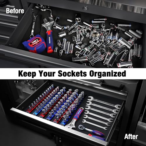 Image of WORKPRO Magnetic Socket Organizer, 1 /4-Inch Drive Aluminum Alloy Sockets Rail, Heavy Duty Sockets Holder, Socket Rack Kit 1 /4-Inch x 12 Clips (Blue)