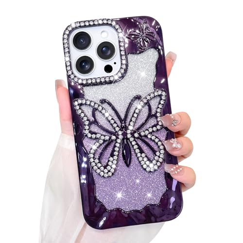 Coque iPhone 14 Pro Max paillettes violette avec papillon 3D strass chic