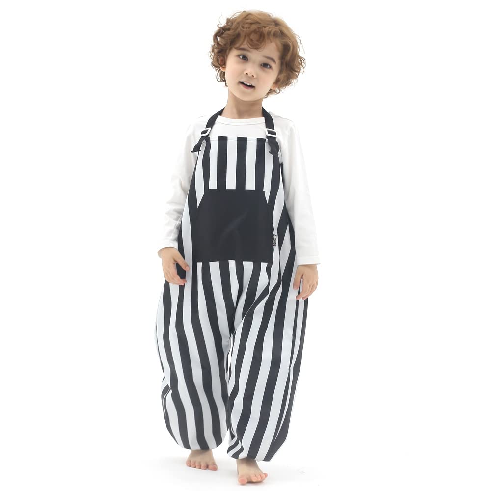 Kids Art Smock Dungaree Style, Lightweight Waterproof Painting Apron with Adjustable String, Quick-Dry Messy Play Overall for Boys Girls School Crafts, Black Stripe (35-S)