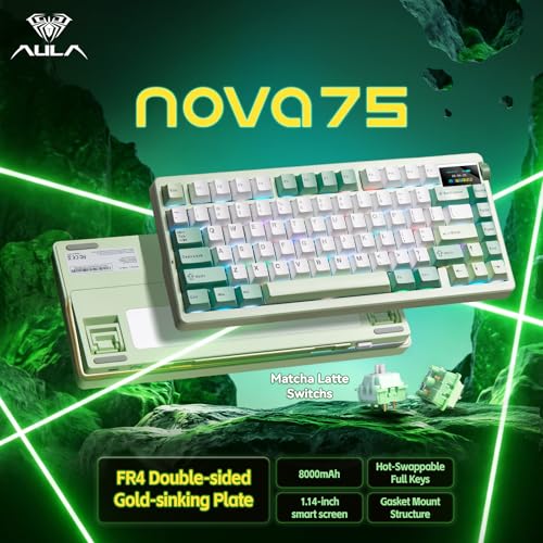 Image of Aula Nova75 Mechanical Gaming Keyboard,Wireless Green Keyboard with Knob | Tri-mode Bluetooth /2.4GHz /USB-C,RGB Backlit,FR4 Plate,Hot Swappable Pre-lubed Switches,Programmable PBT Keycaps,8000mAh
