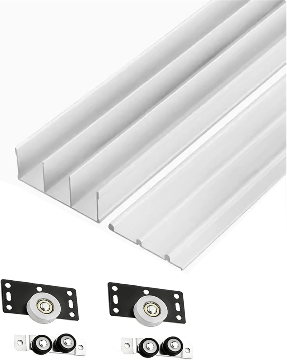 Adjustable Triple Track Sliding Door Hardware Kit - 102.4in Aluminum Rails for Wardrobe, Room Divider, and Cabinet Doors - Easy Flush Mount Installation 55.1in/140cm