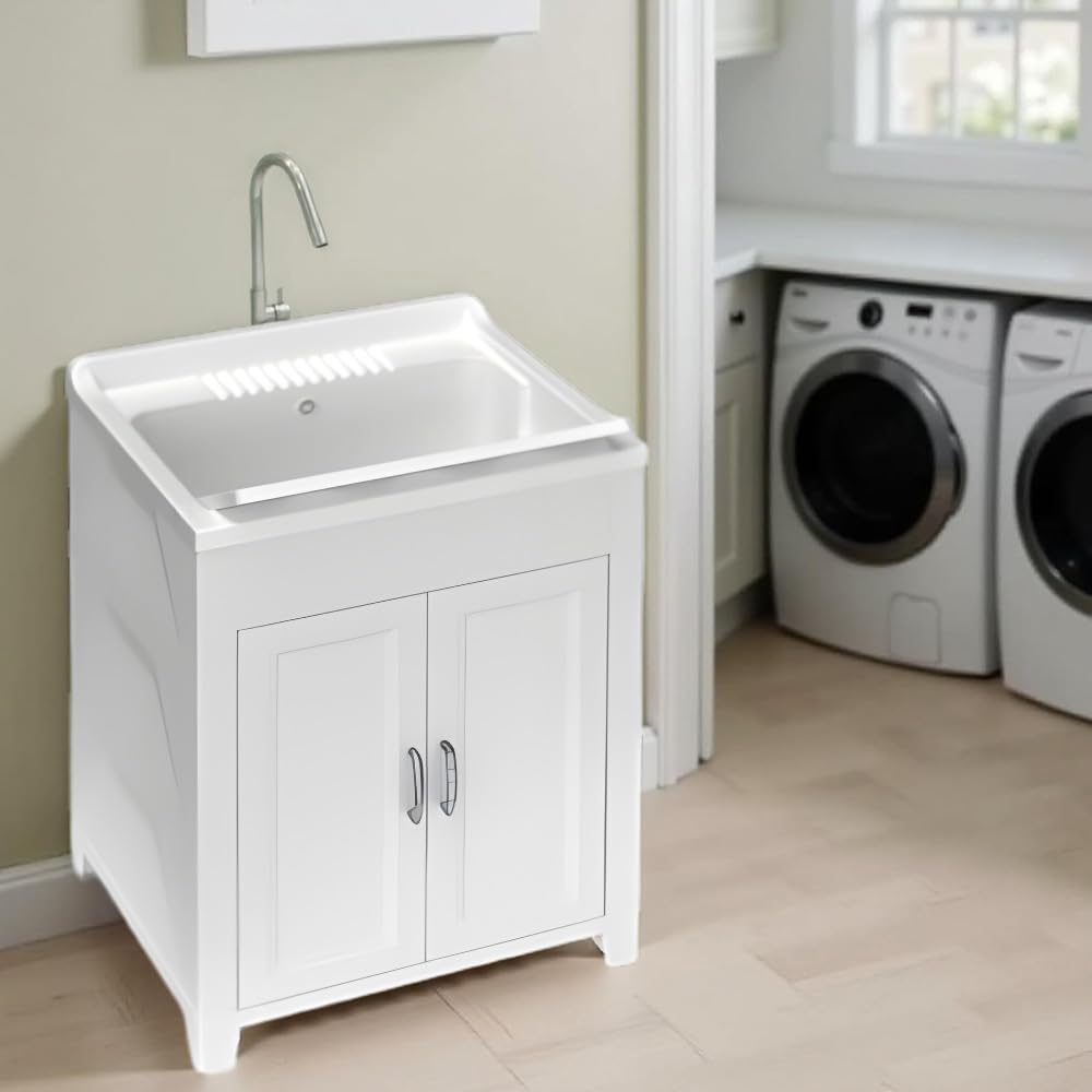 Mobile Lavandino in Resina Forabile per Rubinetto - da Esterno, Interno, Vasca, Garage, a Mano, Lavapanni, Portaoggetti, Lavanderia, Resistente agli Acidi - Made in Italy Bianco
