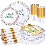 175 Pcs Christmas Plastic Plates Dinnerware Set Disposable Christmas Plates Include Plate,Gold Cups,Pre Pre Rolled Napkins with Gold Plastic Silverware for Xmas Party (25 Guests)