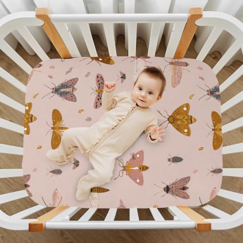 Image of Butterflies Bugs Retro Crib Sheets Soft Breathable Fitted Baby Crib Sheets Mattress Cover for Girls Boys, 52 inch x 28 inch x 9 inch