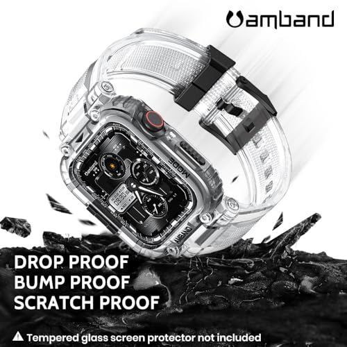 Image of amBand Bands Compatible with Apple Watch 9 /8 /7 45mm, M1 Sport Series Rugged Case with TPU Strap Military Protective Tough Cover Bumper for iWatch SE3 /SE2 /SE /6 /5 /4 44mm Men Clear, Fathers Day Gift
