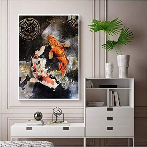 Toile encre abstraite carpe koi style chinois 50x70cm pour decoration murale salon