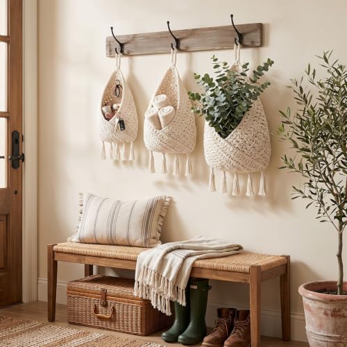 Image of Honeydak 3 Hanging Baskets, White, Triangular Tassel, Jute