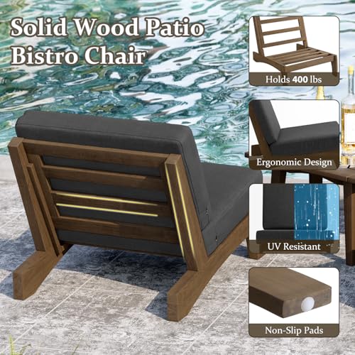Image of Pia Ricoo 3 Piece Patio Bistro Set with Patio Chairs and Table, Heavy Duty Wood Patio Furniture Set, All-Weather Outdoor Chairs for Balcony, Deck, Poolside, Porch - Drak Gray