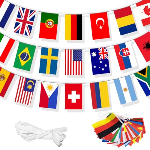 32 Länder Fahnen Wimpelkette für 2026 WM 32 Länder Beidseitig Stoff Euro Flaggenkette Klein Wimpel Girlande Banner für Deko Euro Fußball Eurovision 2026 Bar Party