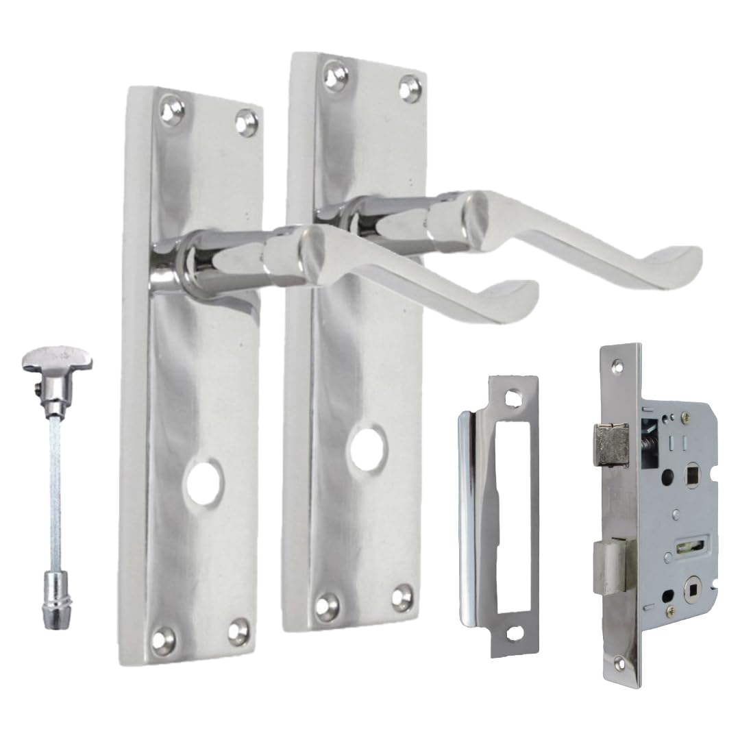 Epsom Door Handle Chrome Victorian Scroll Bathroom Handle Pack with 63mm Bathroom Sash Lock – Polished Chrome Lever on Backplate, 150mm x 42mm