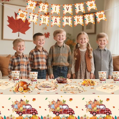 102 Pcs Thanksgiving Party Supplies Sets - Includes Happy Thanksgiving Dinner Paper Plates Napkins, Give Thanks Banner Dessert Plates Cups Tablecloth for Fall Thanks Giving Party Decorations, Serve 25 - image 2
