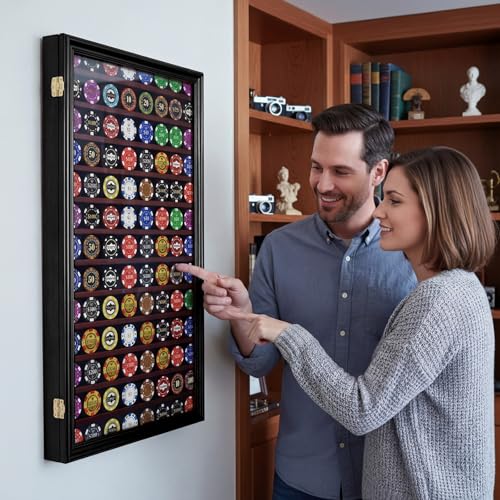 Image of Silipull Challenge Coin Display Case, 28 x 16 Inch Poker Chips Holder Wood Medal Wall Mount Lockable Cabinet Rack Box for Army Navy Air Force Marine Honored Coins