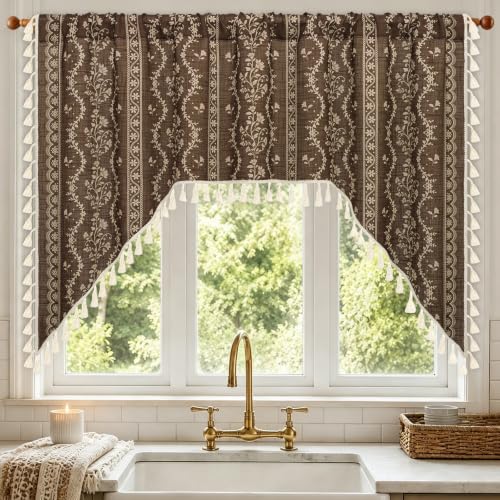 Image of Yinhua Boho Swag Valance Curtains Vintage Linen Valances for Windows Light Filtering Floral Kitchen Valance Rod Pocket Rustic Tassel Window Valances for Bathroom Cafe, 60 inch W x 36 inch L, Brown