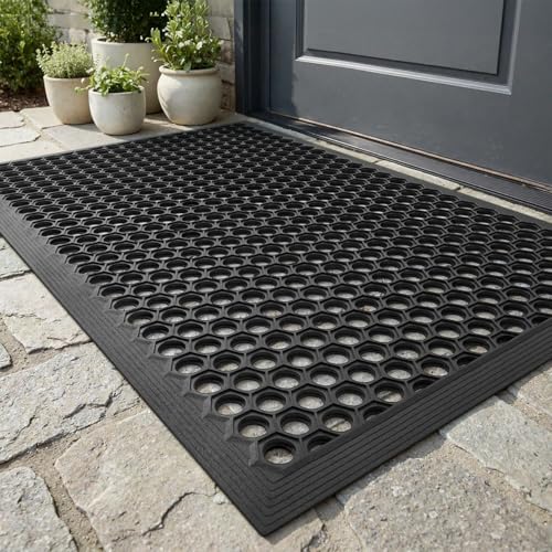 RESARE Front Door-Mat Outside Entrance 17x30 Rubber Doormat Non Slip Waterproof All Weather Welcome Matt-Outdoor Dirt Trapper Mud Mat Heavy Duty Door-Mats for Garage Entryway (Black)