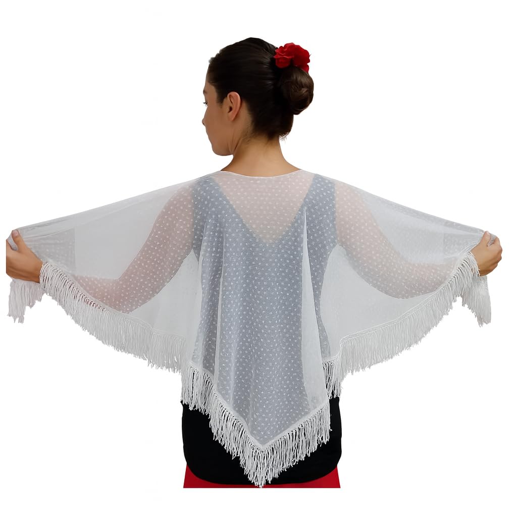 Châle Flamenco pour Femme Plumeti - Semi-transparent Noir ou Blanc - Franges en Coton 10 cm - 150x75 cm - Lavable en Machine - Style Sévillane élégant, idéal pour danse, fêtes ou spectacles.