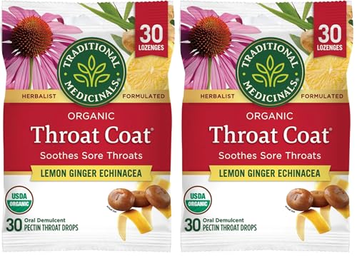 Image of Traditional Medicinals Lozenges, Organic Throat Coat Lemon Ginger Echinacea, Sore Throat Support, 30 Individually Wrapped Lozenges (Pack of 2)