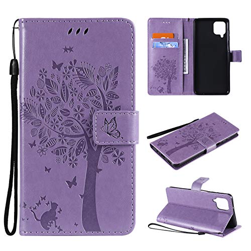 Zchen Funda para Galaxy A12/M12, Funda Piel con Tapa Suave TPU y Cuero de PU Tipo Libro Billetera Resistente a los Golpes Carcasa para Samsung Galaxy A12/M12 (Gato-Morado) Cover