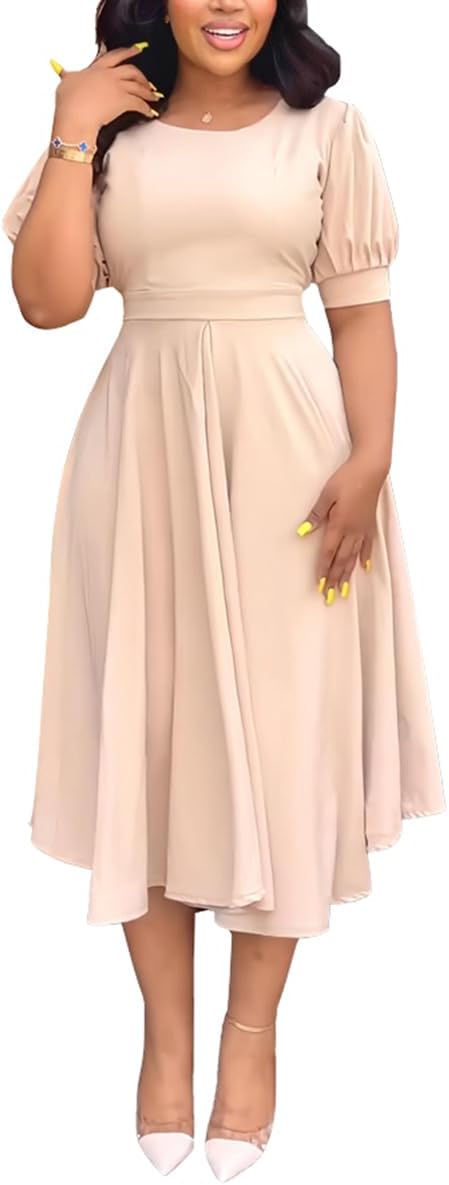 Summer Dresses for Women Semi-Formal Fit Casual Slim Short Puff Sleeve O-Neck Elegant Swing A Line Maxi Dresses