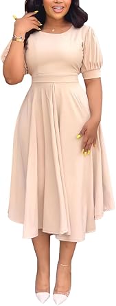 Summer Dresses for Women Semi-Formal Fit Casual Slim Short Puff Sleeve O-Neck Elegant Swing A Line Maxi Dresses