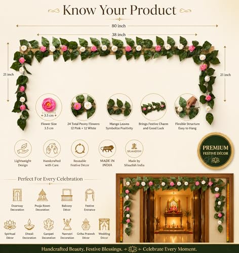 Image of Divyakosh Mango Leaf Vine with Peony Flowers, Creeper for Main Door Entrance Decor, Garland | 80 Inch Artificial Floral Door Hanging with 24 Pink White Flowers |Festive Pooja Decor for Diwali Ganpati|
