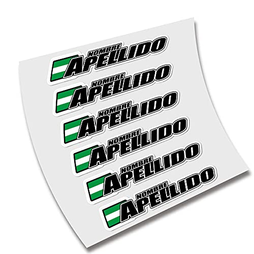 6 PEGATINAS NOMBRE PERSONALIZABLE Y BANDERA VINILO CASCO BTT BICICLETA MOTO (L)