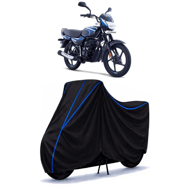 Image of Bajaj Discover 100 CC Bike Cover Water Resistant Universal Motorcycle Rain | Heavy Duty UV Protection, Dust, Scratch Indoor Outdoor All Weather with Black Blue Piping Elastic