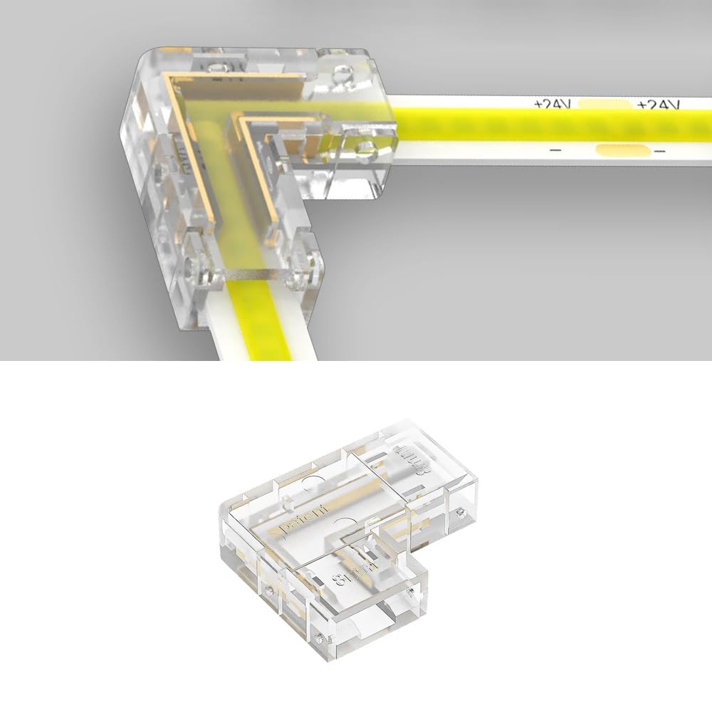 TOKERU 2-Pin 8mm COB LED Strip L-Shape Connectors for Corner Turns Solder-Free Transparent Adapter for 8mm Single-Color COB Strips