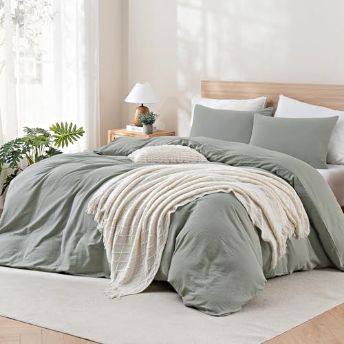 Image of TOCOMOA Muslin Duvet Cover 100% Cotton Like Linen Texture Breathable Soft Comfy 3-Piece Sage Green Comforter Cover Bedding Set (Queen 90 inchx90 inch, Comforter Not Included)