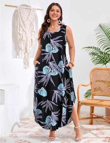 Image of JollieLovin Women Plus Size Summer Tank Maxi Dresses Sleeveless Causal V Neck Beach Long Dresses Swim Cover up (L-5X)