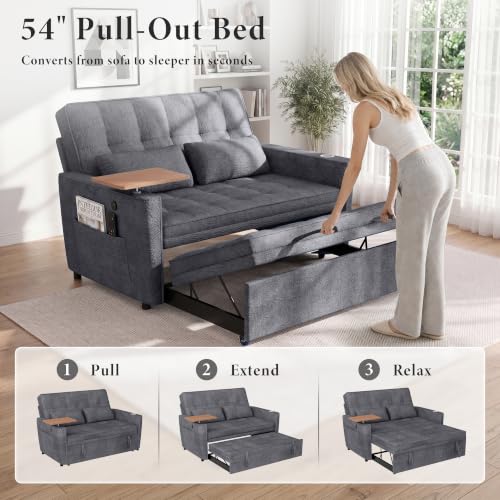 Image of Dreamzie 54'' Convertible Sleeper Sofa Bed with Swivel Side Table, Chenille Pull Out Couch for Living Room, Loveseat Sleeper Couch with Side Pocket | Charging Port | Cup Holder, Dark Grey