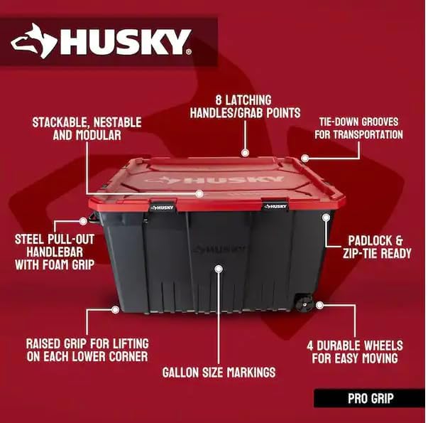 *Husky* 27 Gallon Pro Grip Storage Tote, Heavy Duty Container with Red Lid and Black Base, Stackable Utility Box