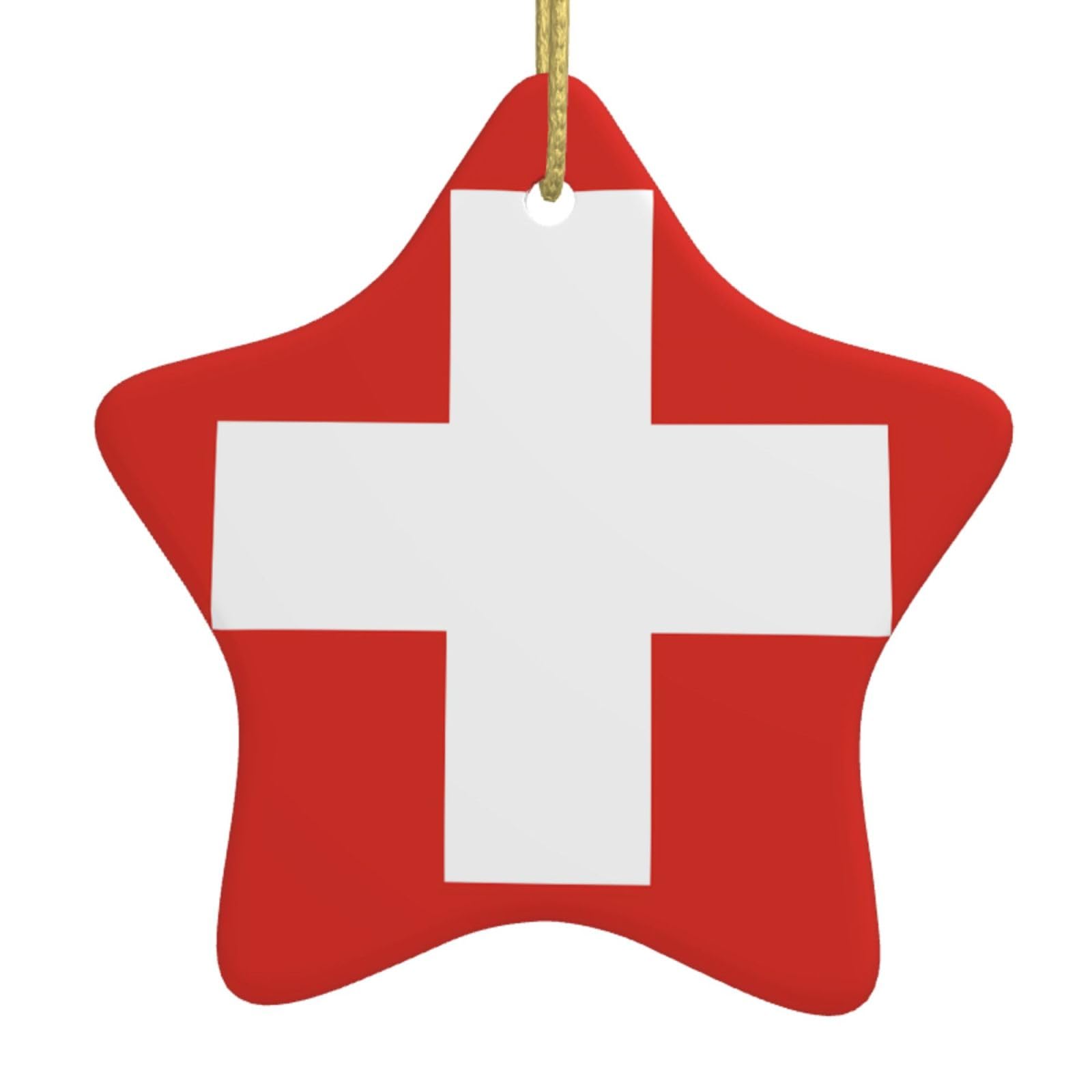 Swiss Flag Christmas Ceramic Star Pendant with Punched Holes and Gold Wire Rope, Christmas Tree Home Decoration