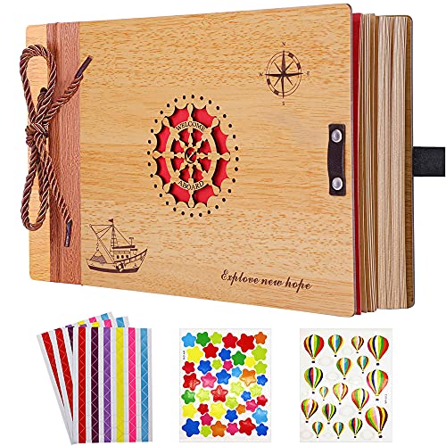 Wooden Scrapbook Album DIY Wood Photo Album Travel Album Our Adventure Book Scrapbook Supplies, Memory Photo Book Vintage Scrape Book Album, â€œRudderâ€ Traveling Scrapbook 80 Pages, with 5 Stickers
