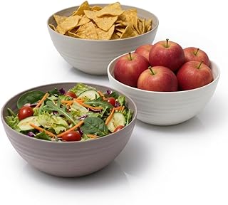 Hausfelder Salatschüssel Groß Modern Kunststoff Rund - 3er Set 3,3L Stapelbar Beige - Servierschüssel BPA-frei für Salat, Chips, Snacks, Camping & Wohnung Must Have