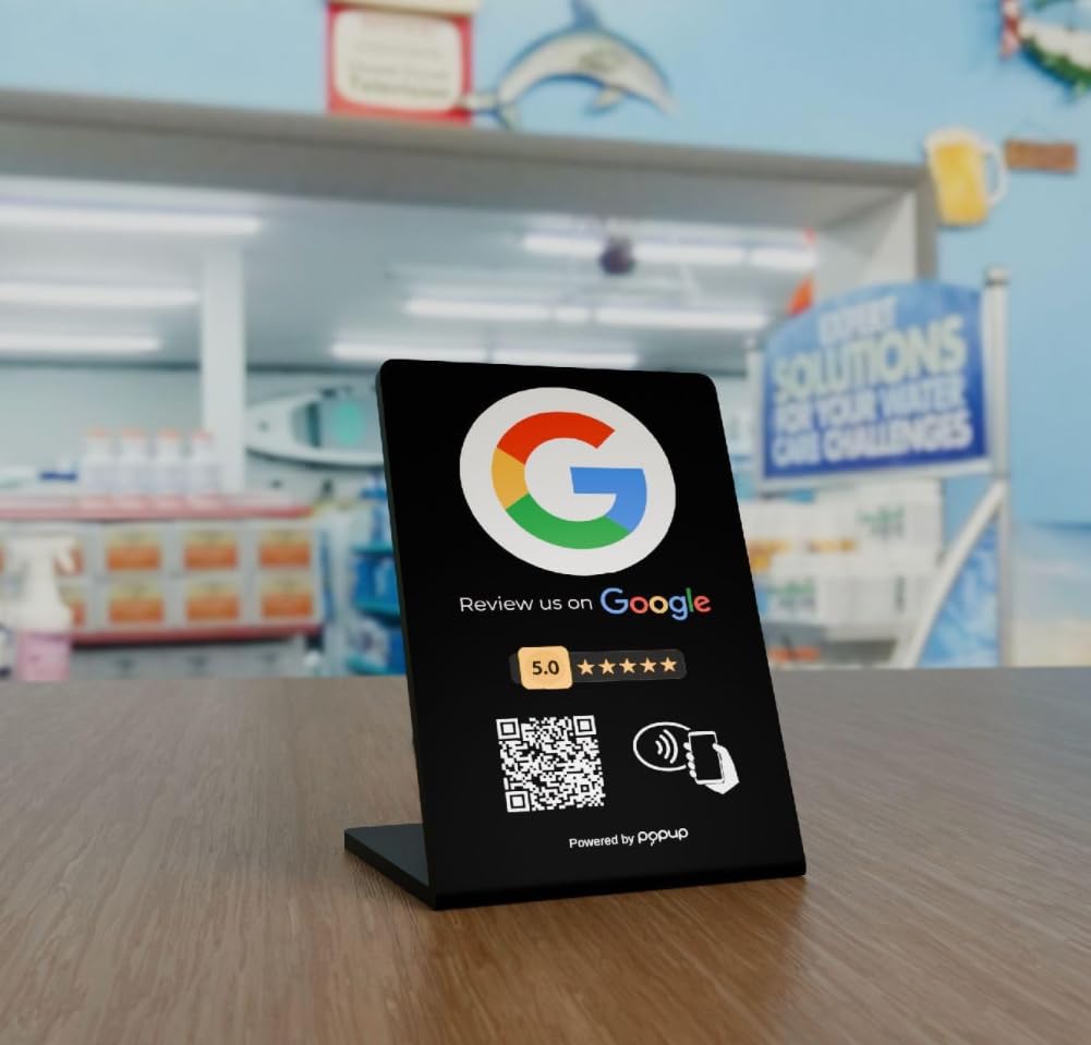 Targa Espositore NFC e QR Code per Recensioni Google, TripAdvisor, Trustpilot | Stand da Banco in Resina Acrilica Nera | Compatibile iOS e Android, Nessuna App