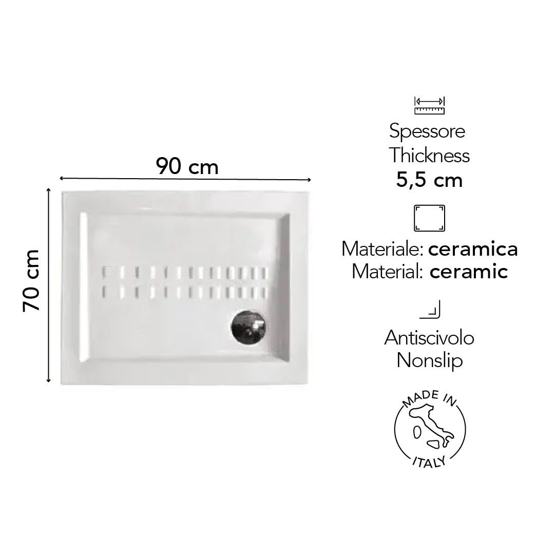 Kiamami Valentina Piatto Doccia 70x90 Filo Pavimento Ceramica Bianco | Rettangolare, spessore 5,5 cm, effetto antiscivolo, installazione filo pavimento, Made in Italy