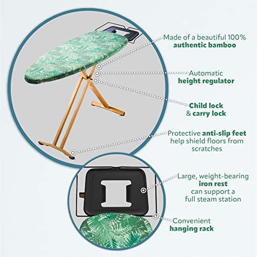 Bartnelli Pro Luxury Ironing Board Beech Wood Legs - Extra Wide 51X19” With Heavy Duty Steam Iron Rest, And Wheels For Easy Storage, Adjustable Height, T-Leg, Foldable, European Made #TOP5