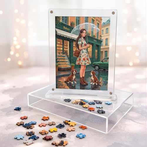 Image of Mini Leaves Parisian Stroll Acrylic Frame Jigsaw Puzzle 140 Pieces | Cafe Street Desk Decor with Display Frame | Premium Gift for Art & Puzzle Lovers