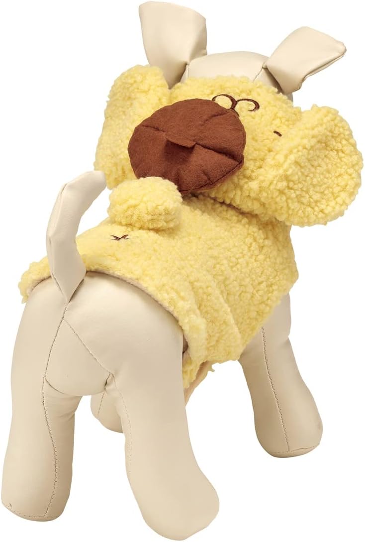 Back view of the Pompompurin dog costume on a dog mannequin, showing the tail and back design.