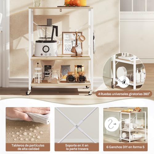 WOLTU Estantería de Cocina con Ruedas, Carrito Auxiliar con Estanteria Almacenaje 3 Niveles, Carro Cocina con 4 Ganchos, Estante de Microondas, Marco Metalico, Blanco + Roble Claro, 60x40x82,5 cm - imagen 8