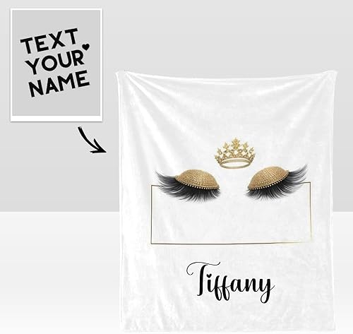 Miniatura 2 de CUXWEOT Manta personalizada con corona dorada y pestañas de forro polar suave con nombre para regalos, sofá cama (50 x 60 pulgadas)