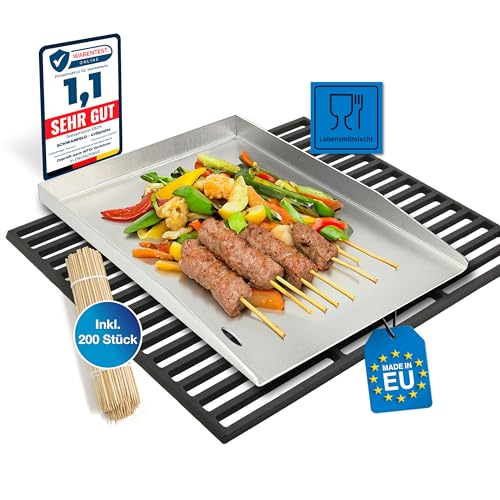 Schwanfeld® 40 x 30cm Plancha Grillplatte - [ESSENS-FALLSCHUTZ & ANTI-HAFT] - inkl. 200 Grillspieße aus Holz - Premium Grillmatte - Gesundes Grillen - Hochwertiger 4mm Edelstahl - Grillplatte Gasgrill