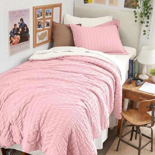 Image of HYMOKEGE Pink /Ivory Twin XL Comforter Set Seersucker 5 Pieces, All Season Luxury Bed in a Bag for Bedroom, Bedding Set with Comforter, Sheets, Pillowcase & Sham